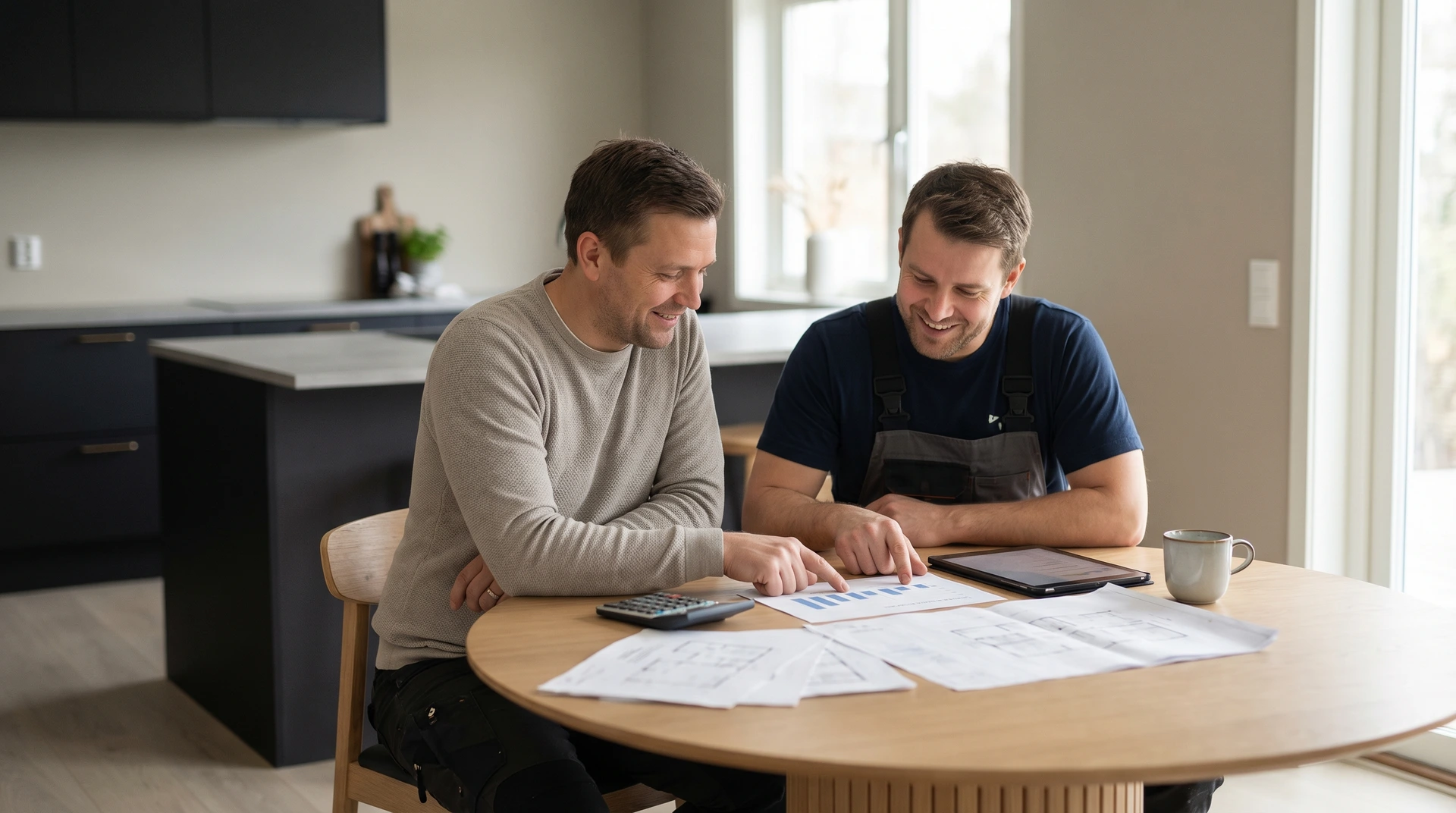 Två män tittar tillsammans på dokument och diagram vid ett köksbord.