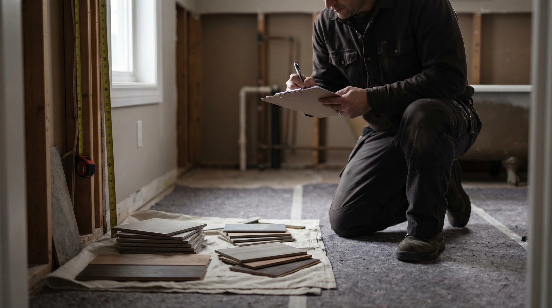 Person knäböjer och skriver anteckningar vid golvrenoveringsarbete med materialprover framför sig.
