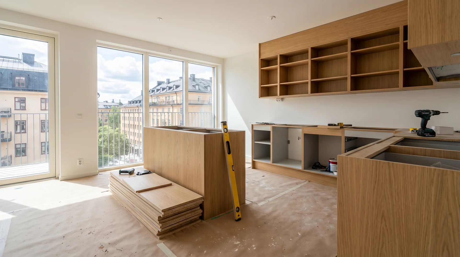 Kök under renovering med träskåp och verktyg i ljust rum med fönster.