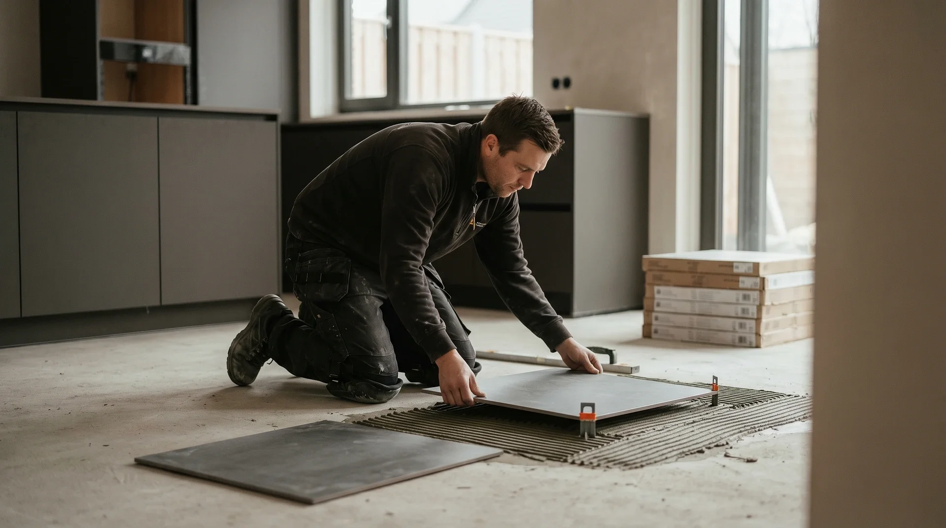 Hantverkare lägger golvplattor i kök under renovering.