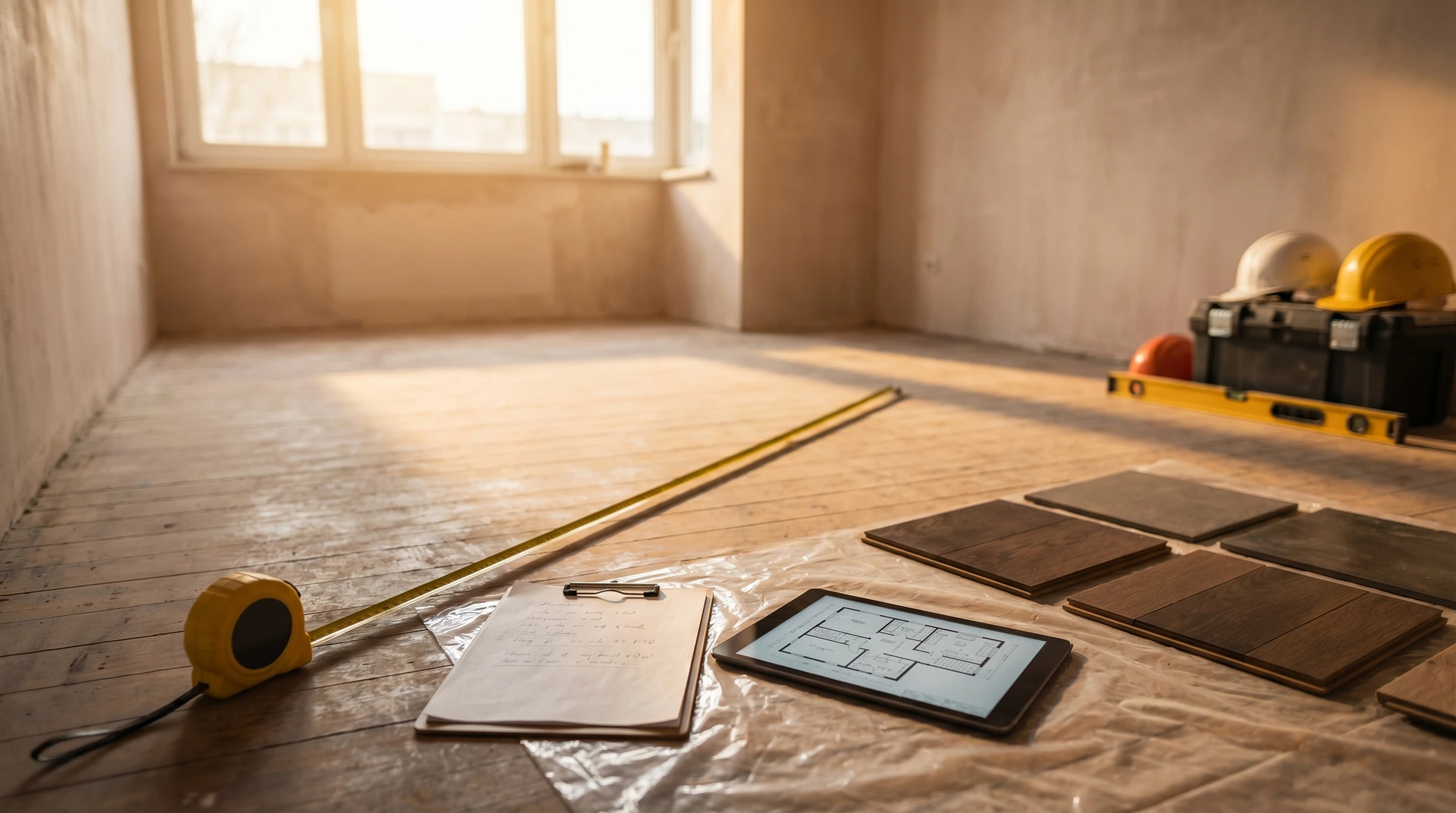 Renoveringsverktyg och materialprover på trägolv i tomt rum med fönster.