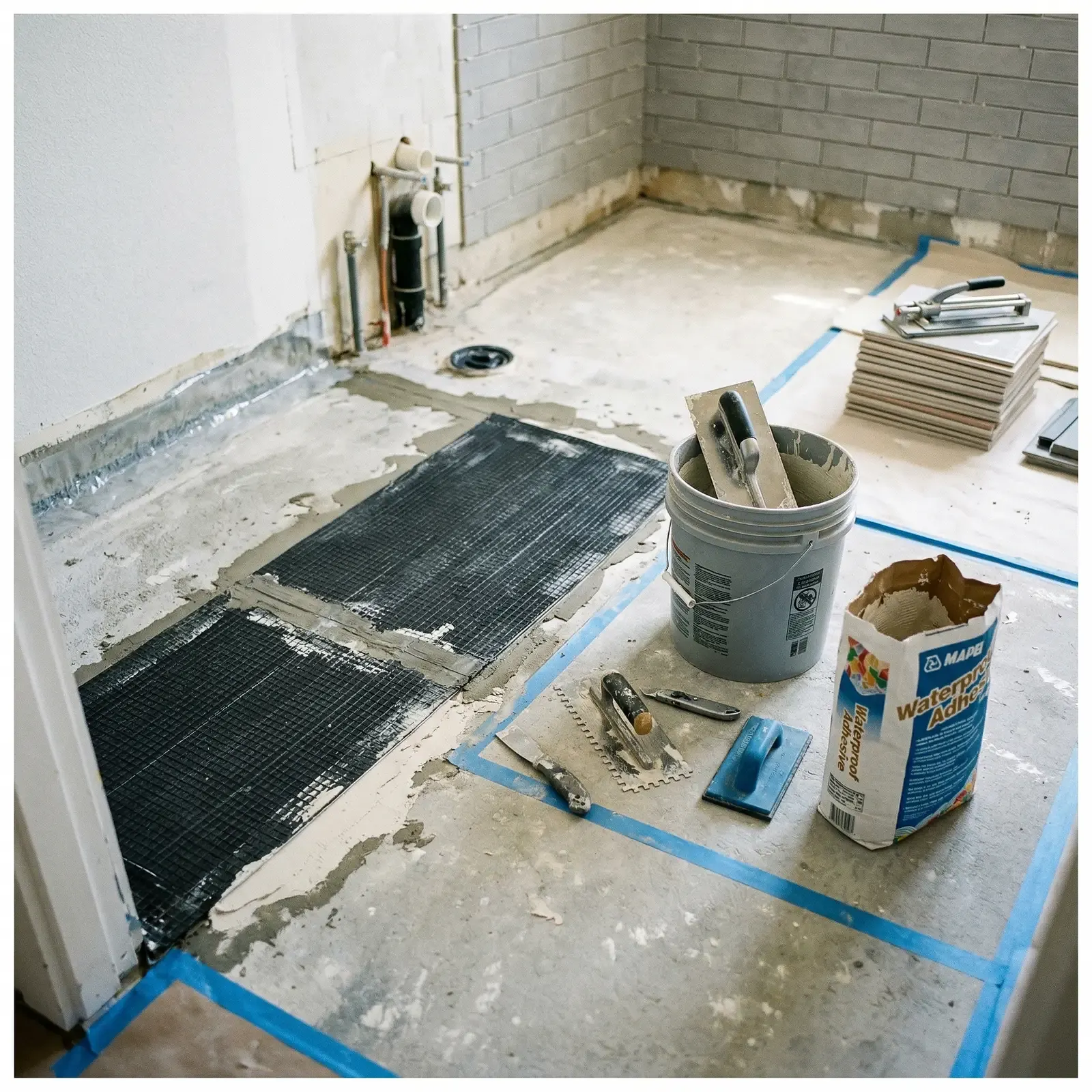 Badrumsrenovering pågår med kakel,verktyg och materialer på golvet.