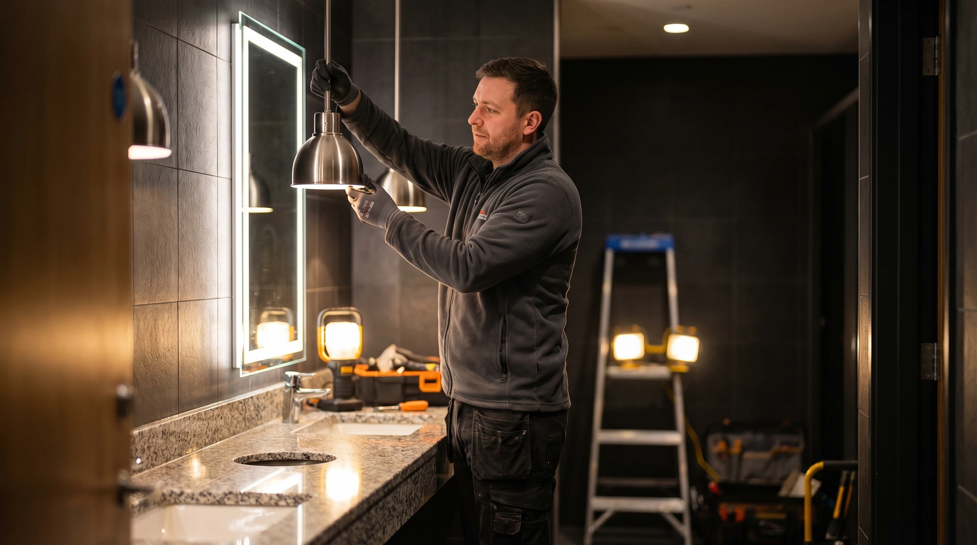Elektriker installerar taklampa i badrum med upplysta speglar och granitbänkskiva.