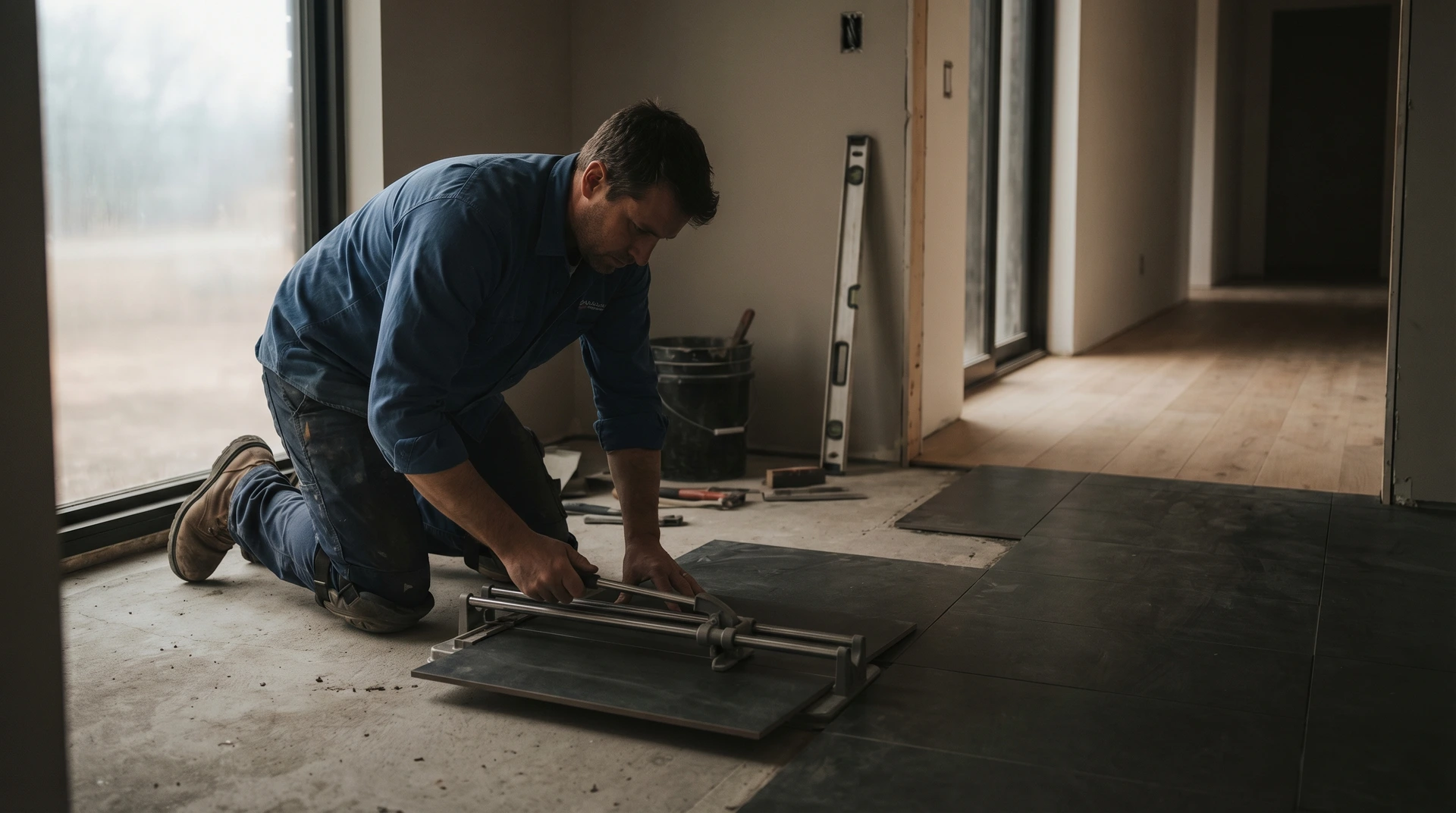 En man skär kakel med en kakelsax i ett rum under renovering.