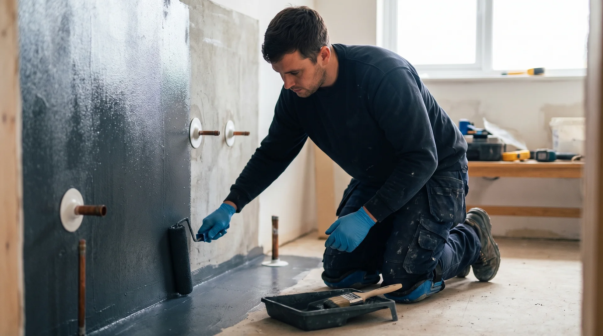 En man målar en vägg med mörkblå färg inomhus.