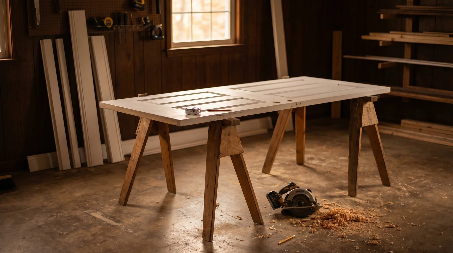 Vit dörr på träbockar i snickeriverkstad med verktyg på golvet.