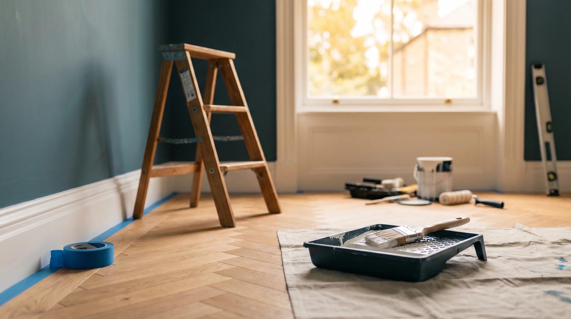 Rum under renovering med stege, målarfärg och verktyg på golvet.