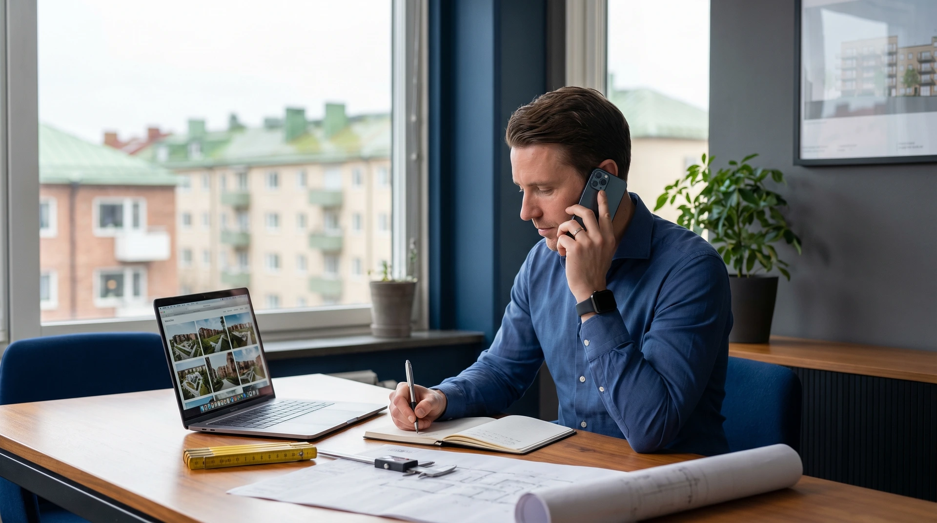 Man i blå skjorta pratar i telefon och skriver anteckningar vid skrivbord.