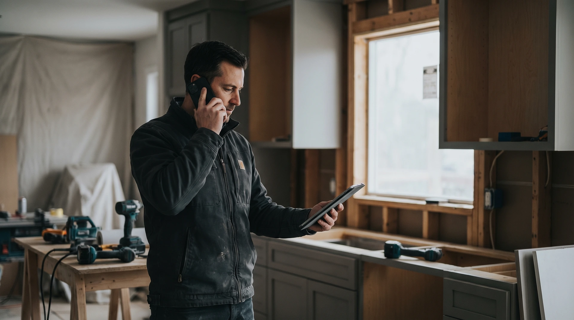 Hantverkare talar i telefon och håller surfplatta i kök under renovering.