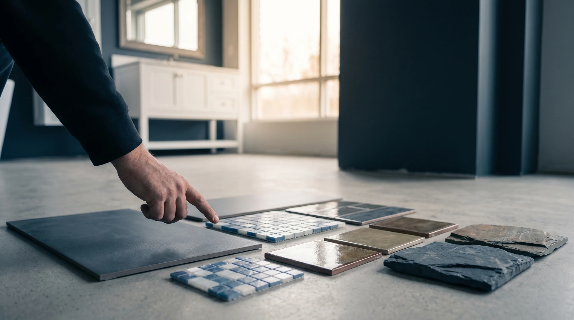 Person pekar på materialprover av kakel och plattor på golvet.