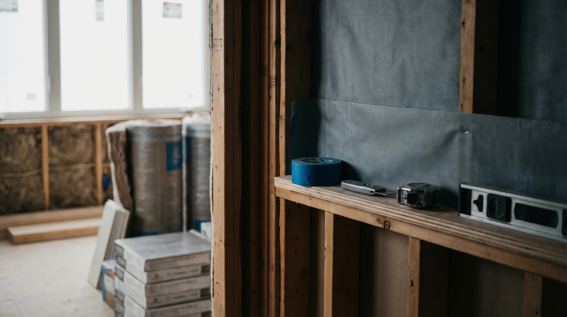 Byggnadsarbete pågår med isolering, träbalkar, verktyg och fönster synligt.