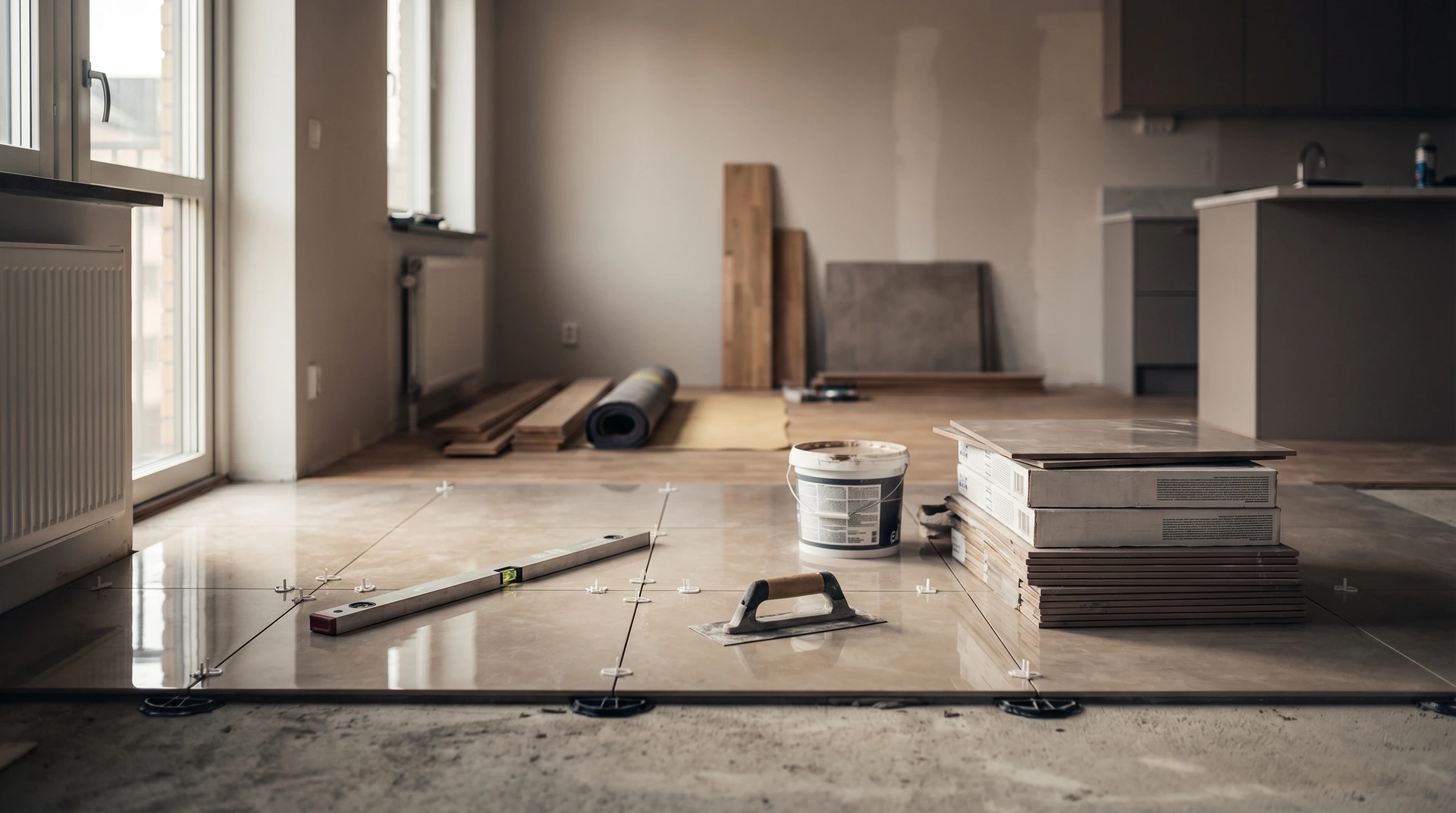 Pågående kakelläggararbete med verktyg och material på golv under renovering.