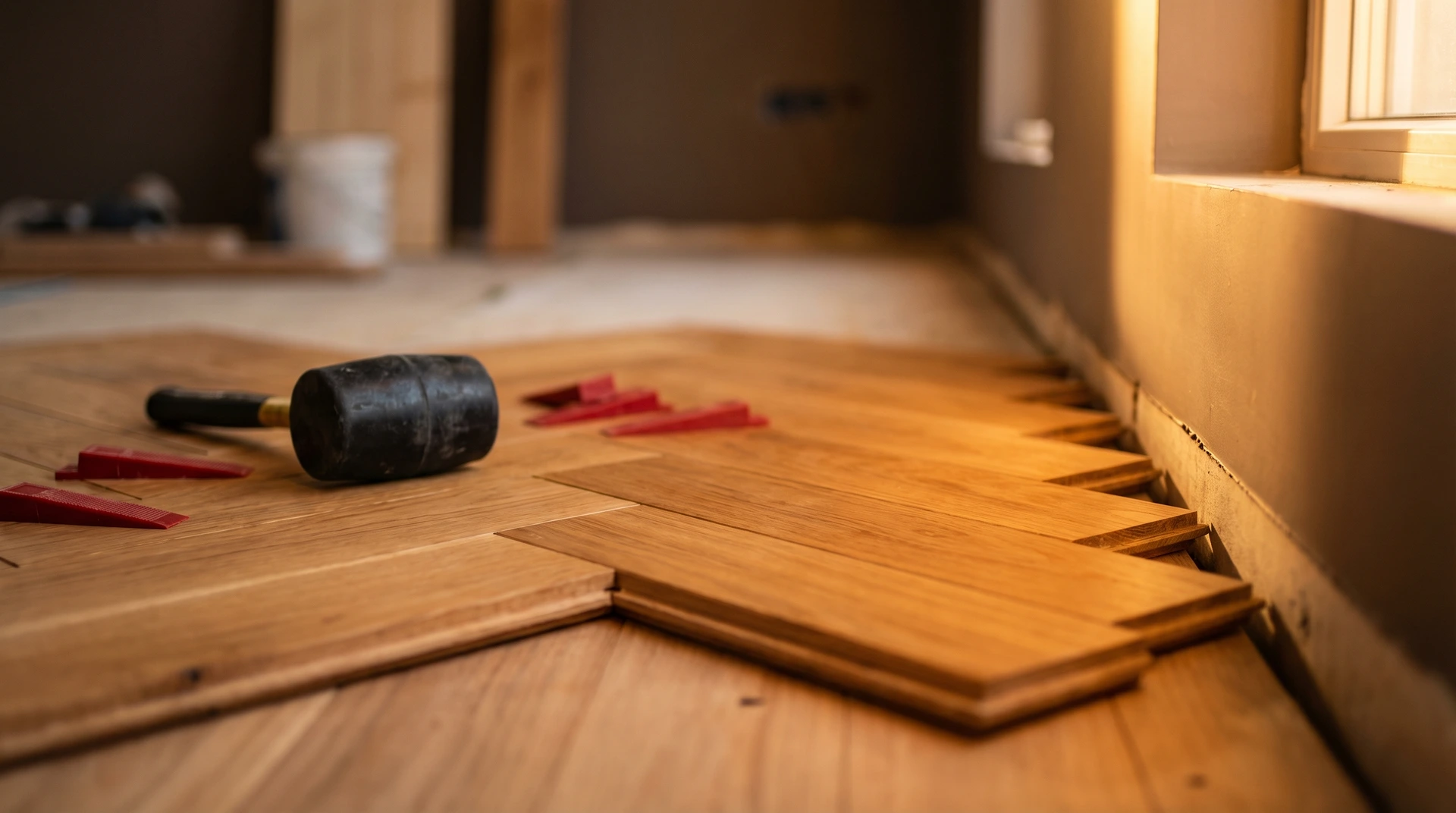 Golvläggning pågår med träplankor, gummihammare och röda distanser på golvet.