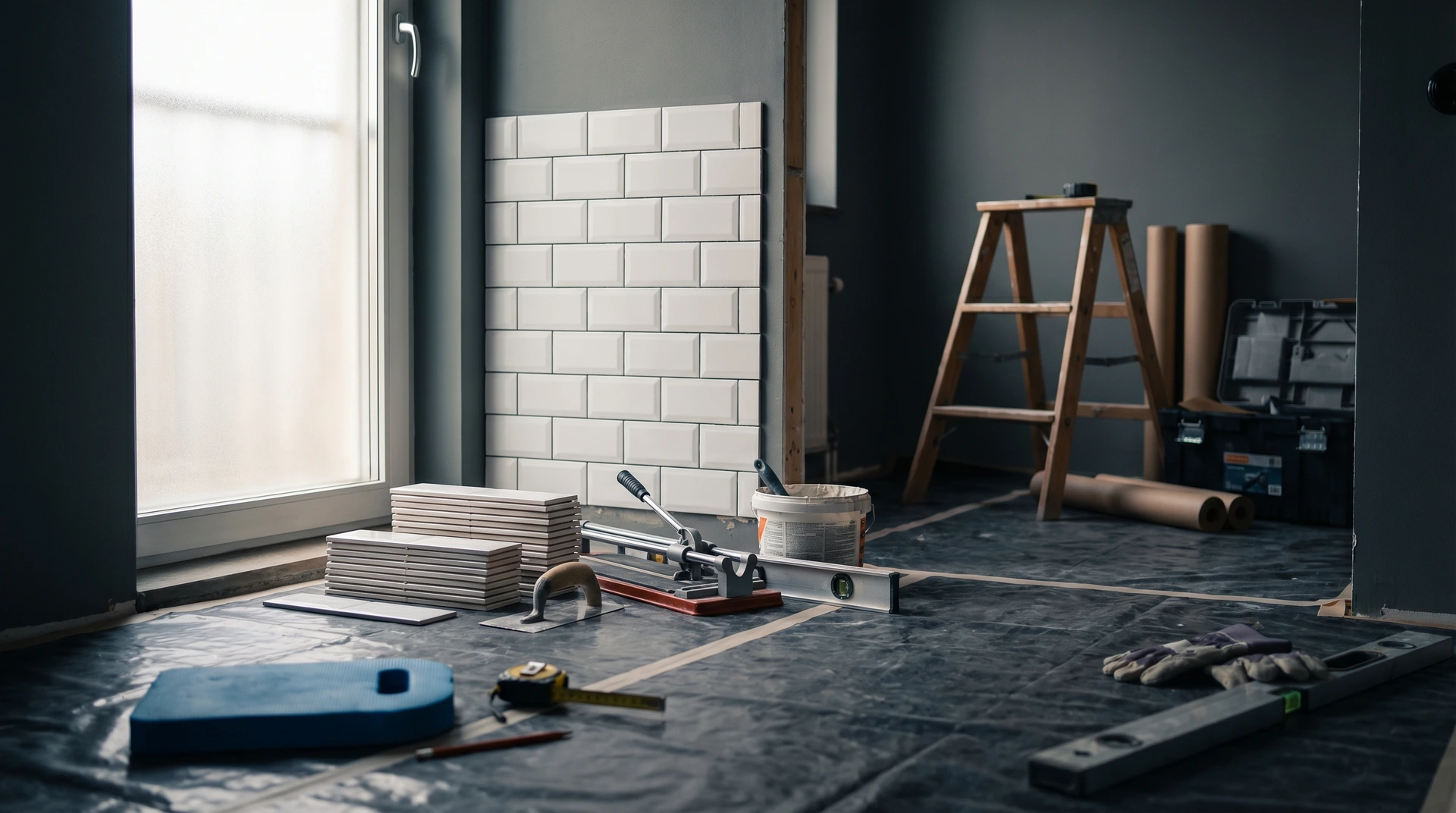 Pågående kakelsättning vid fönster med verktyg och material på golvet.