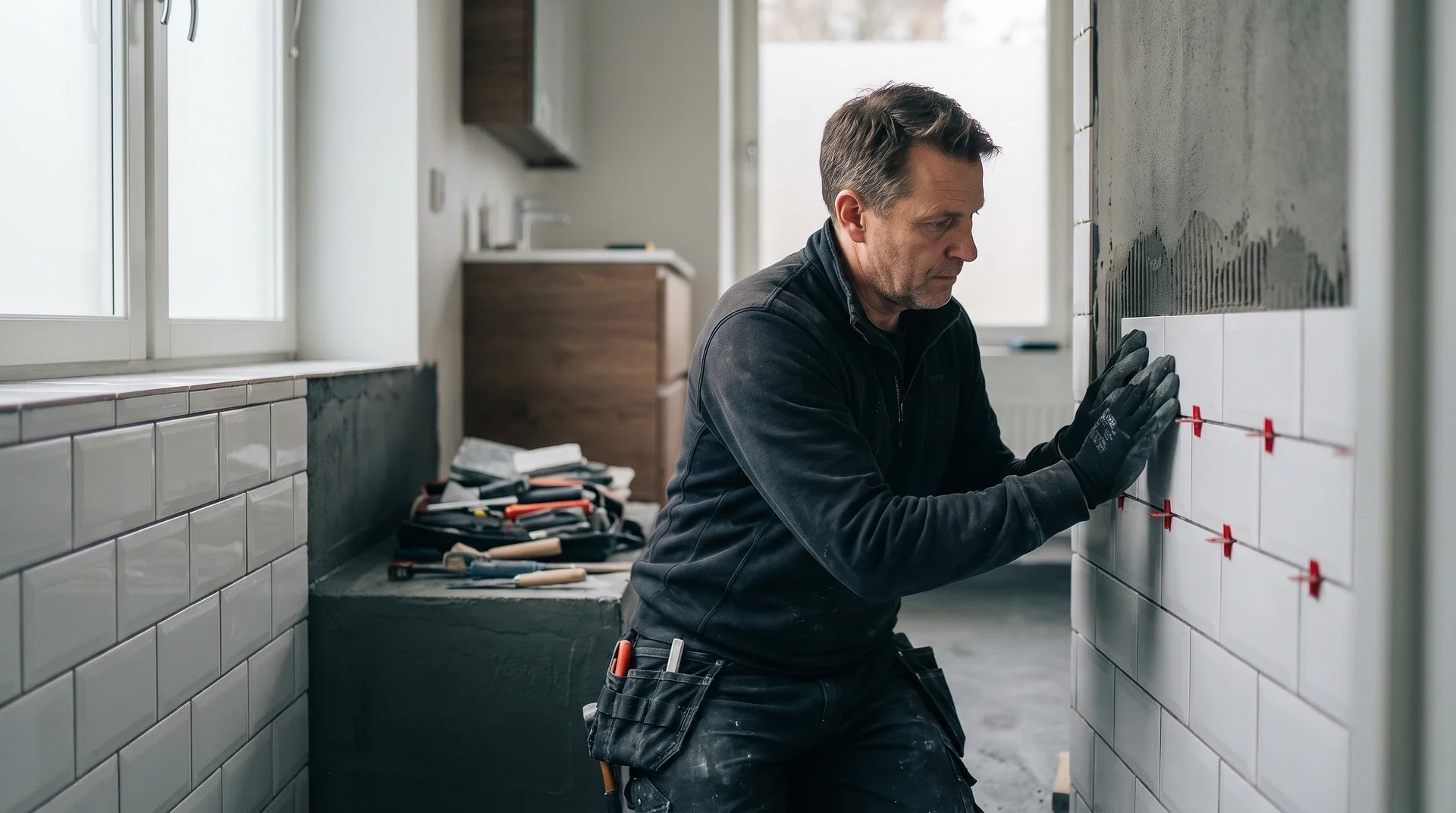 Hantverkare lägger kakel på vägg i kök under renovering.