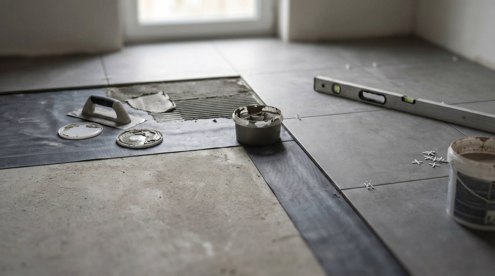 Verktyg för kakelsättning på golv under renovering