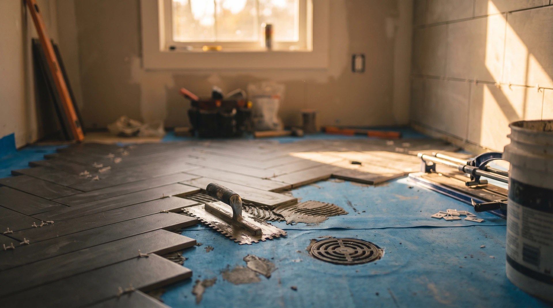 Kakelläggning pågår i badrum med verktyg och grå kakelplattor på blått underlag.