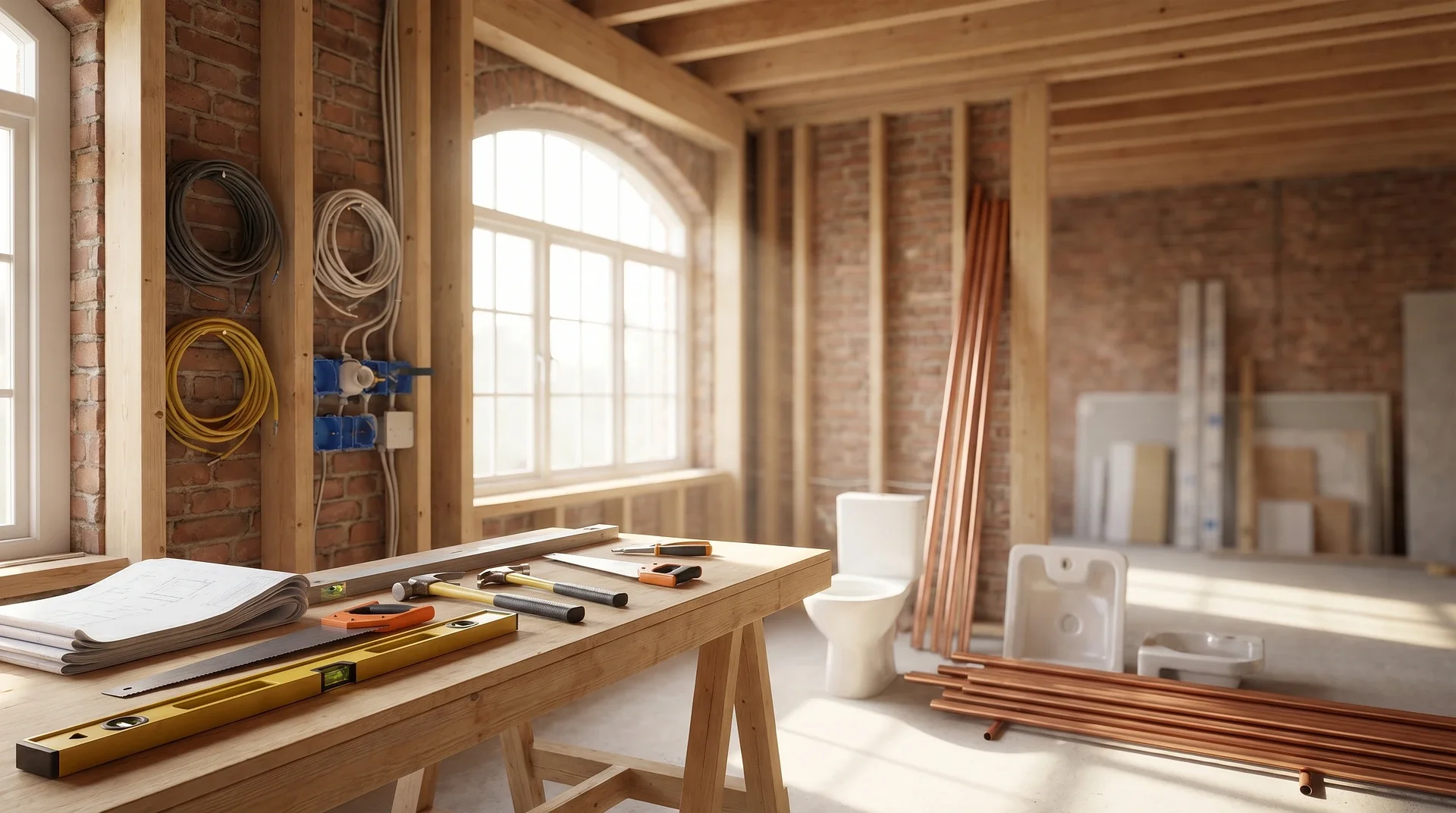 Renoveringsarbetsplats med verktyg, ritningar och kopparrör i rum med exponerad tegelvägg.