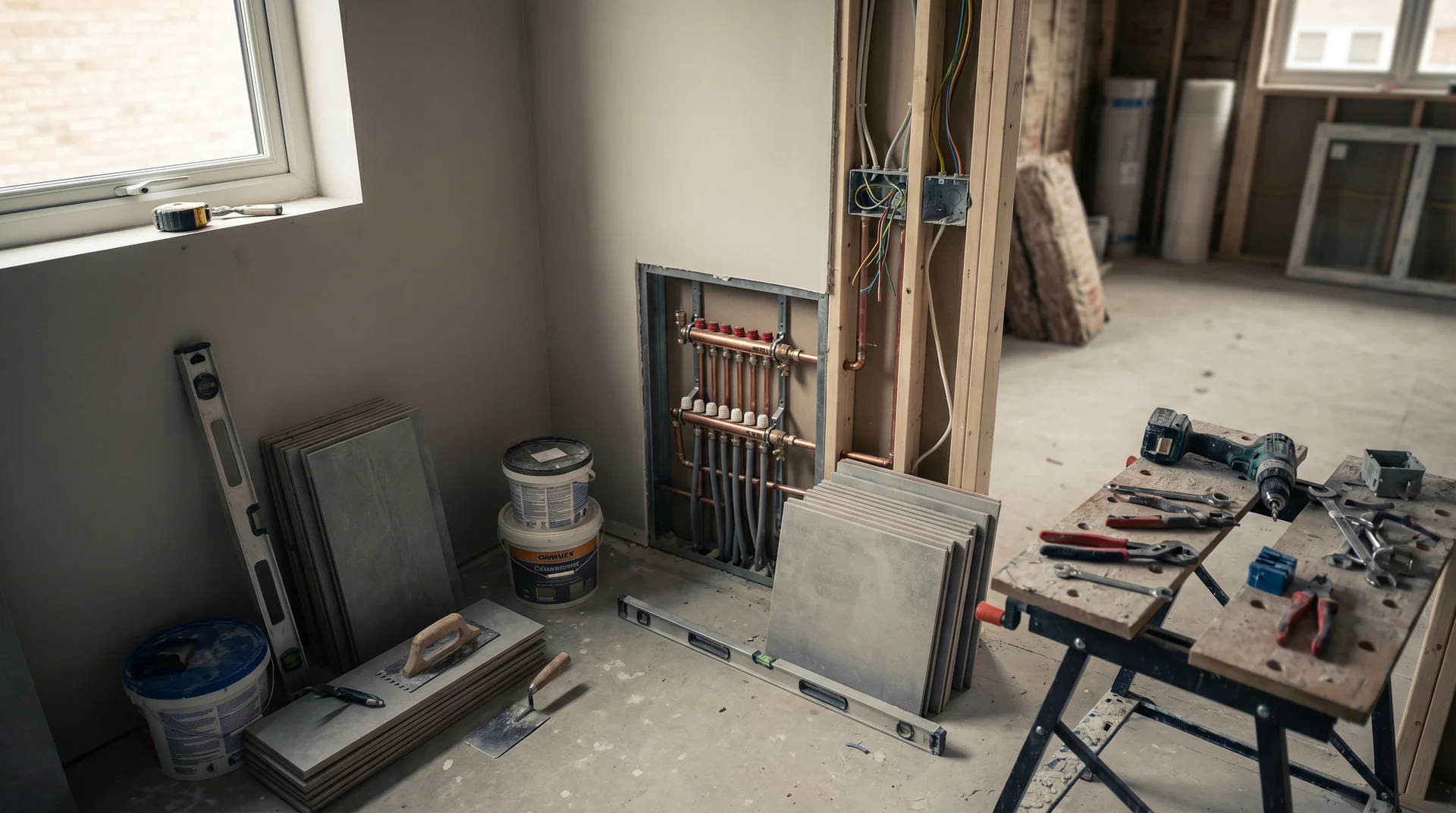 Renoveringsarbete pågår med verktyg, kakel och rörsystem i ett rum.