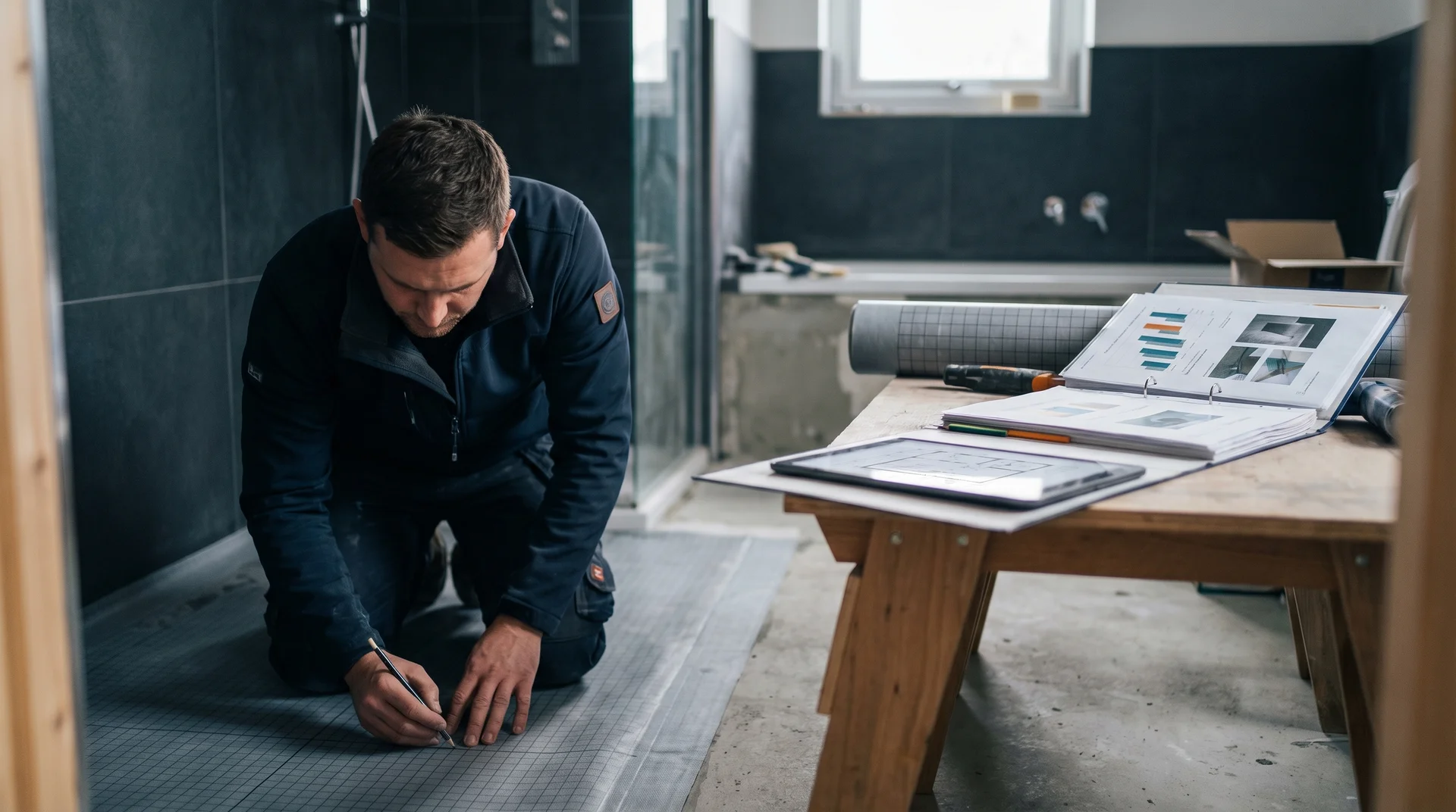 Hantverkare mäter och markerar golv med ritningar på bord bredvid.