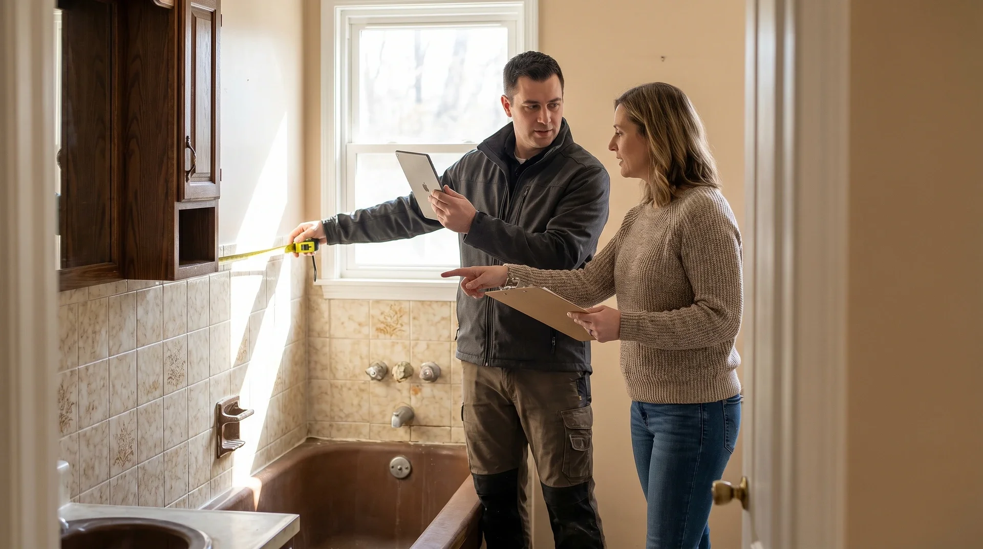 Man och kvinna planerar badrumsrenovering med måttband och anteckningar.