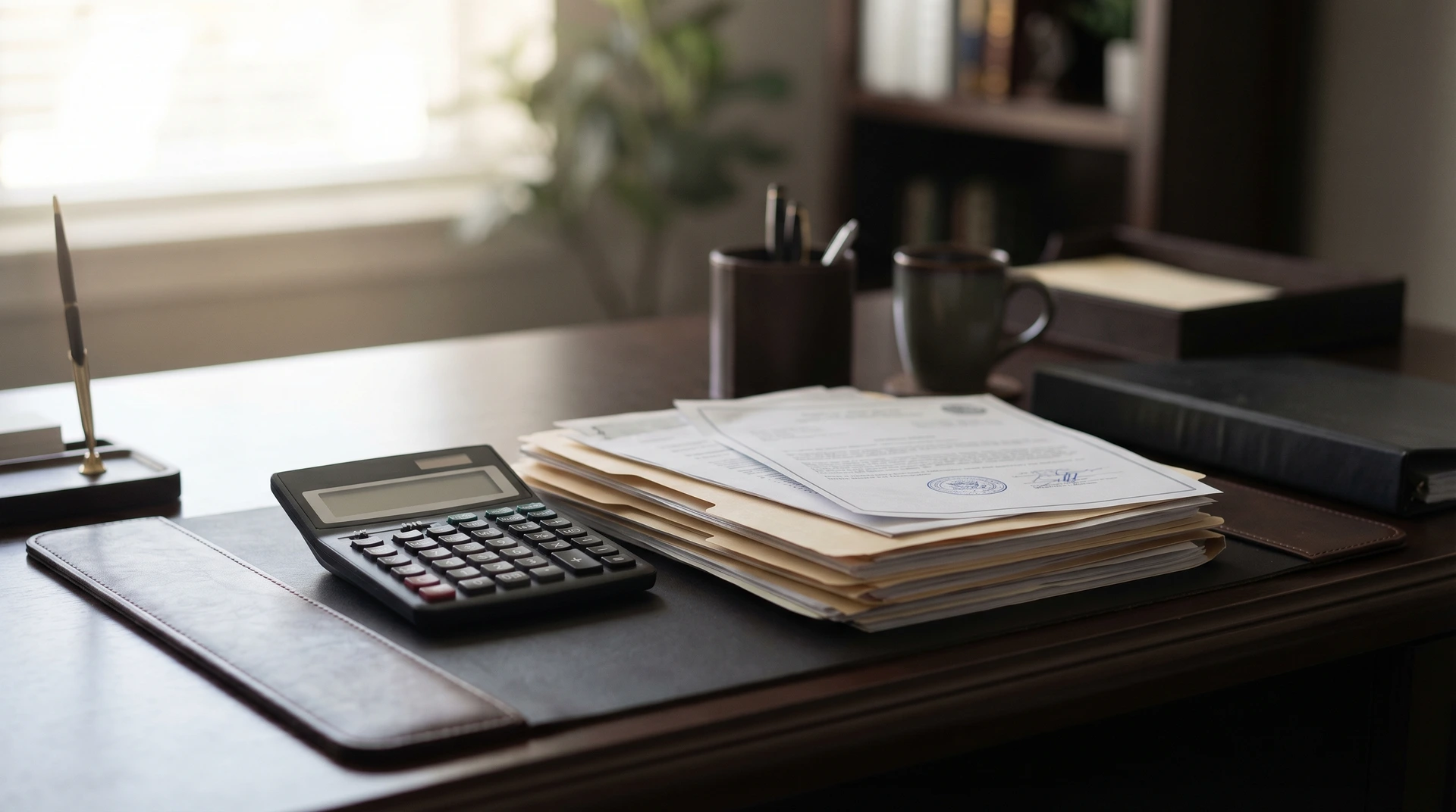 Skrivbord med kalkylator, papper, penna och kaffekopp i hemmakontor.