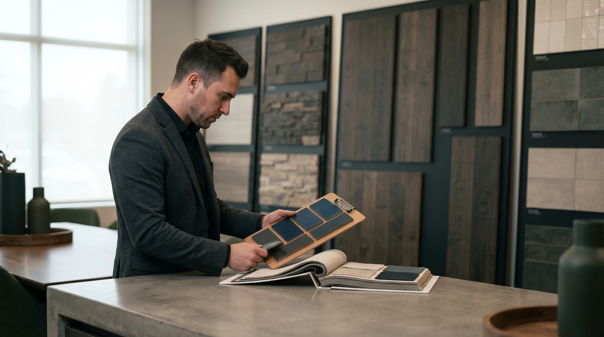 Man i kostym granskar materialprover vid designstudio med provkartor i bakgrunden.