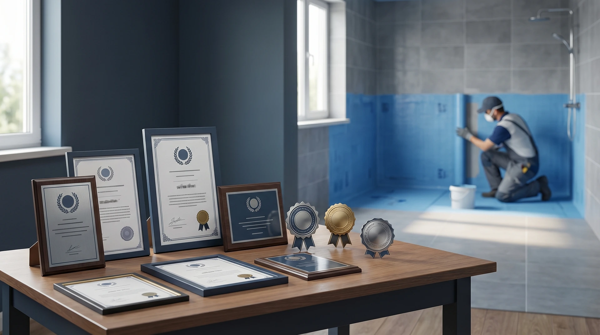 Diplom och utmärkelser på bord, hantverkare arbetar i bakgrunden.