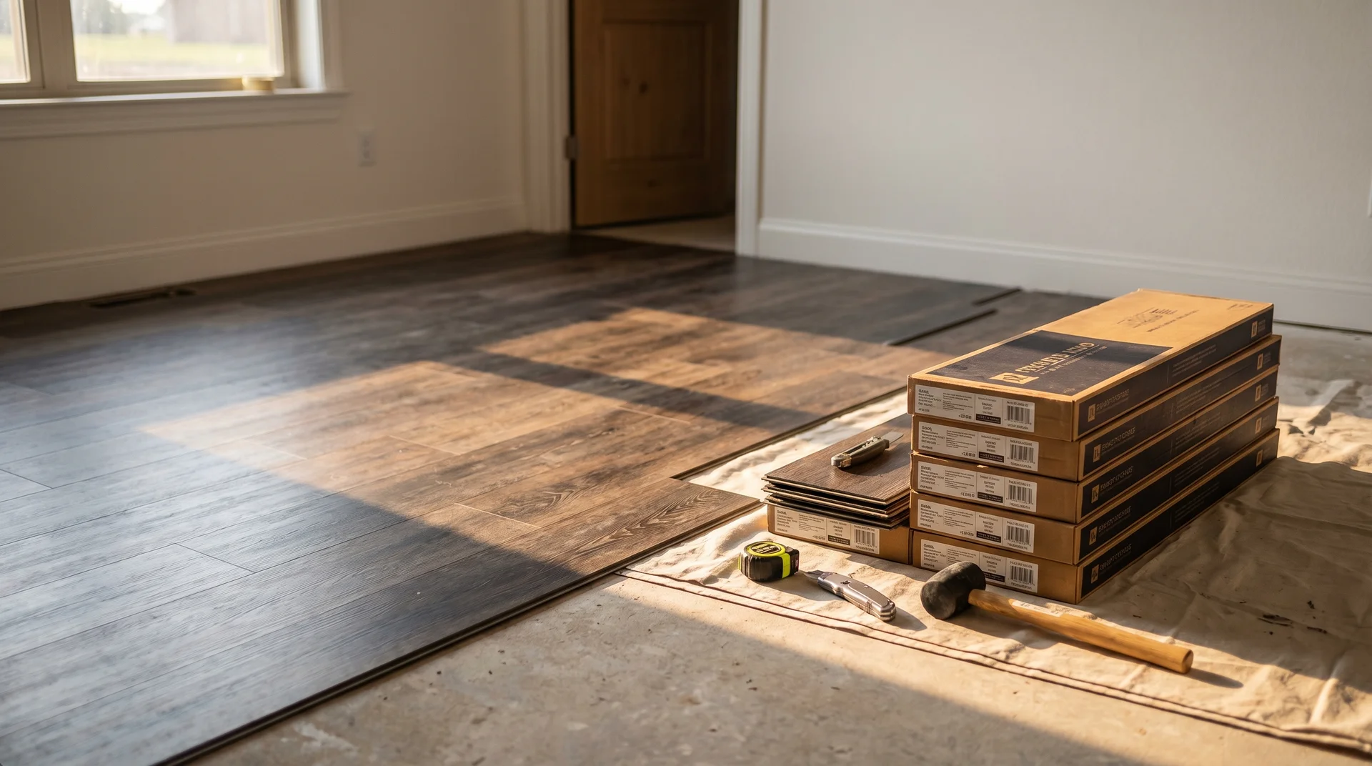 Laminatgolv under installation med verktyg och förpackningar i tomt rum.