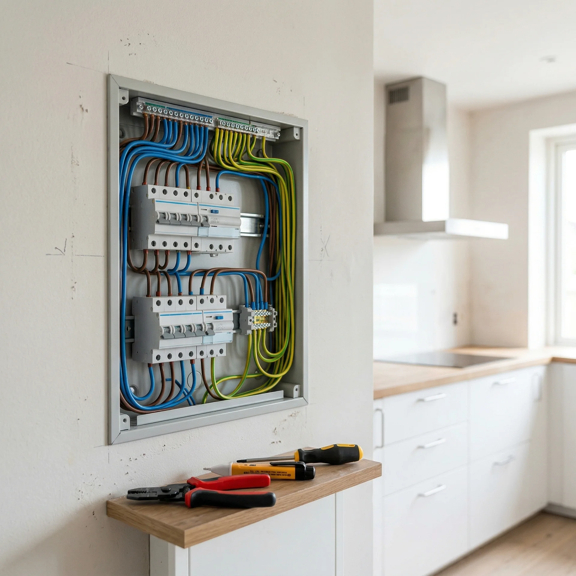 Elcentral med blå och gula kablar monterad på vägg med verktyg nedanför.