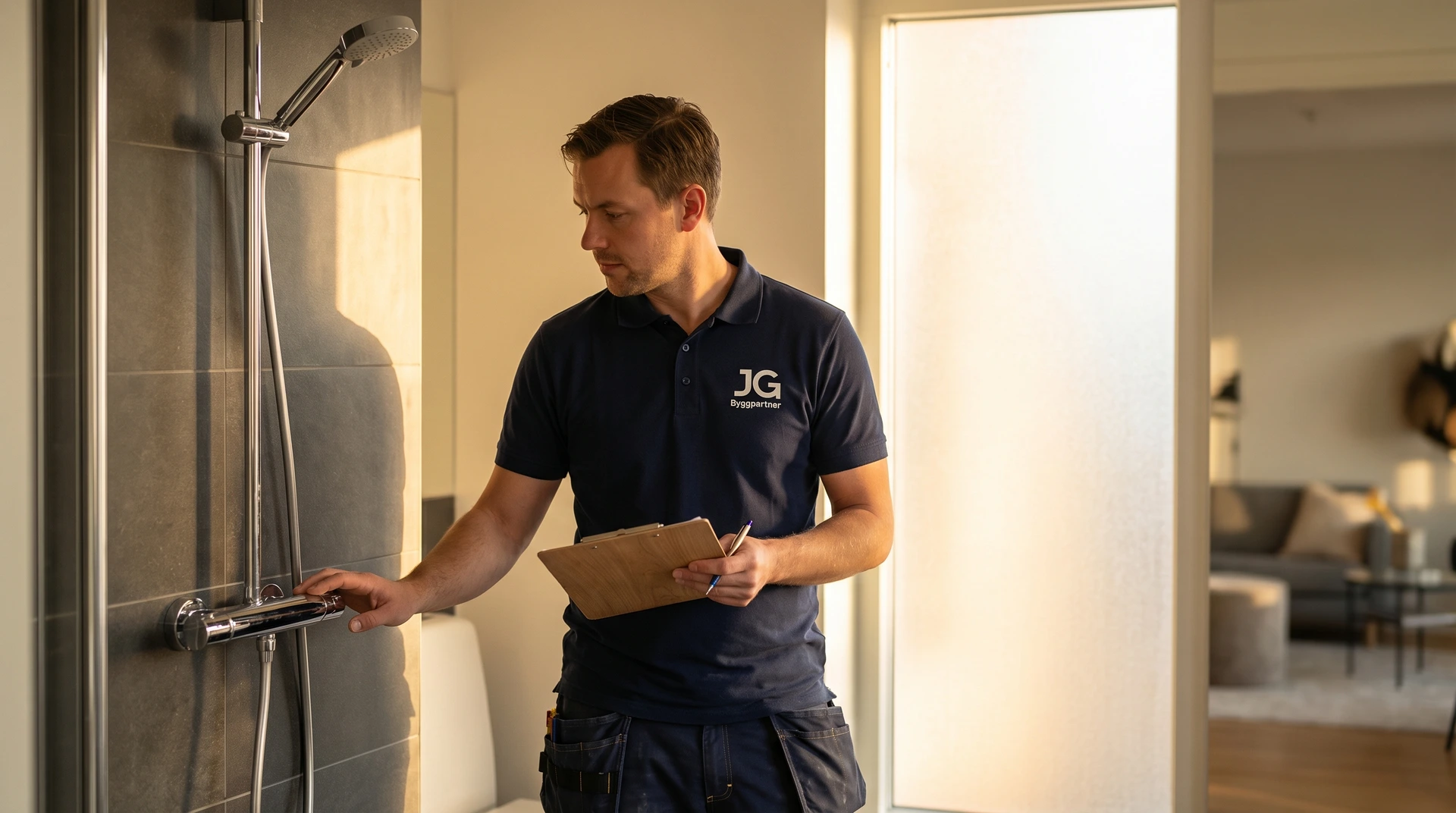 En bygginspektör undersöker en duschblandare och för anteckningar i ett badrum.