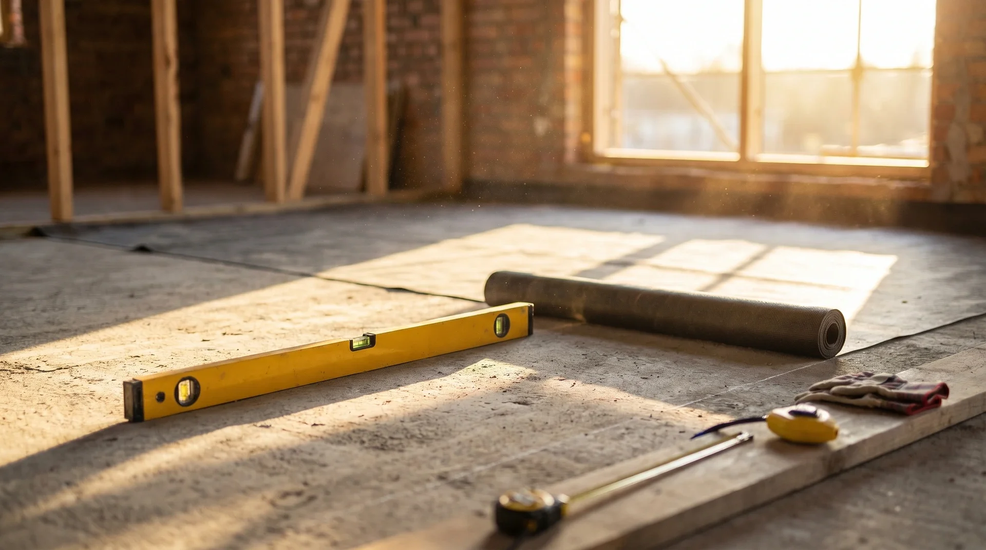 Byggverktyg på golv i rum under renovering med synliga takbjälkar.