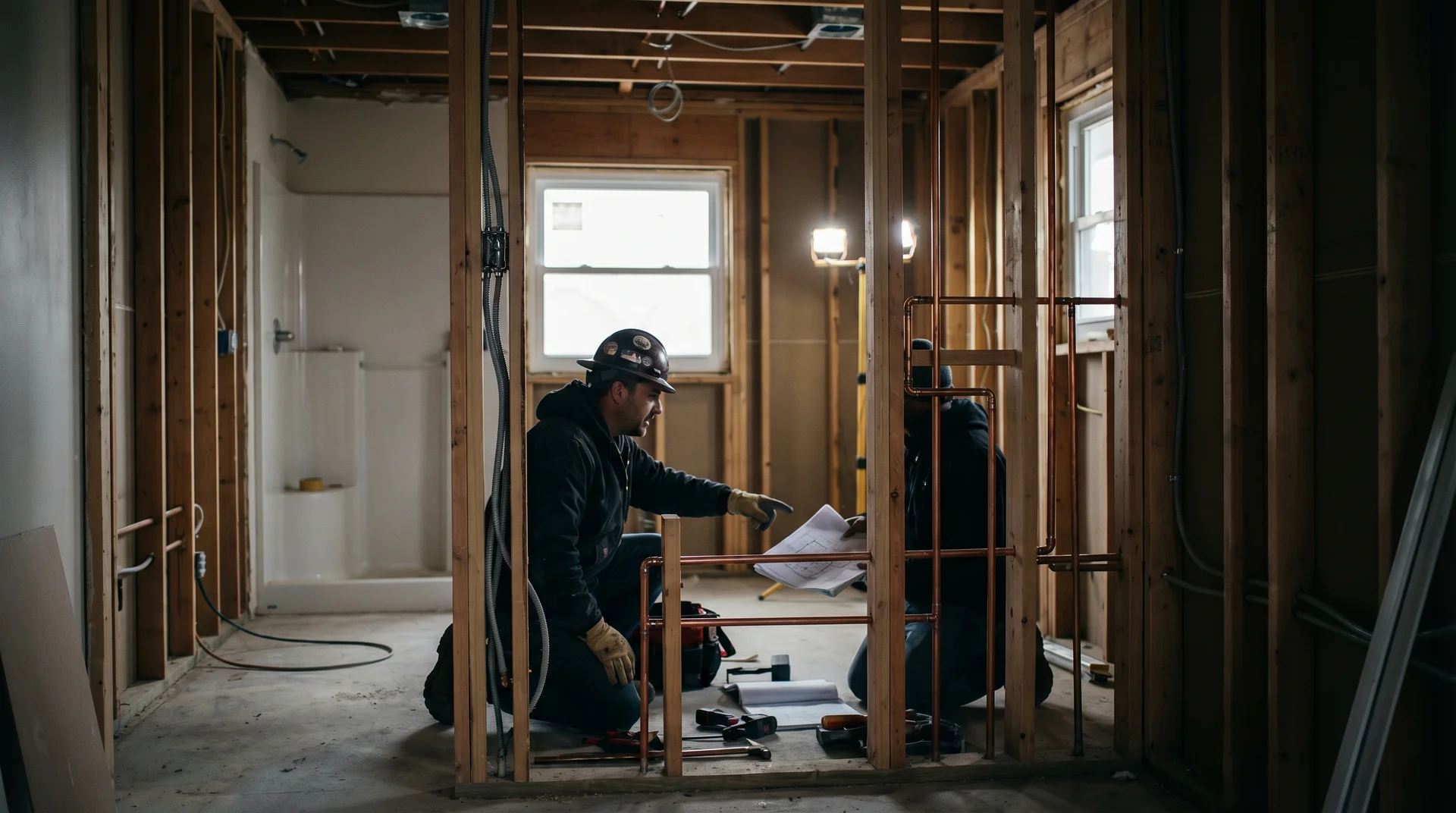 Byggnadsarbetare med hjälm granskar ritningar i hus under renovering.
